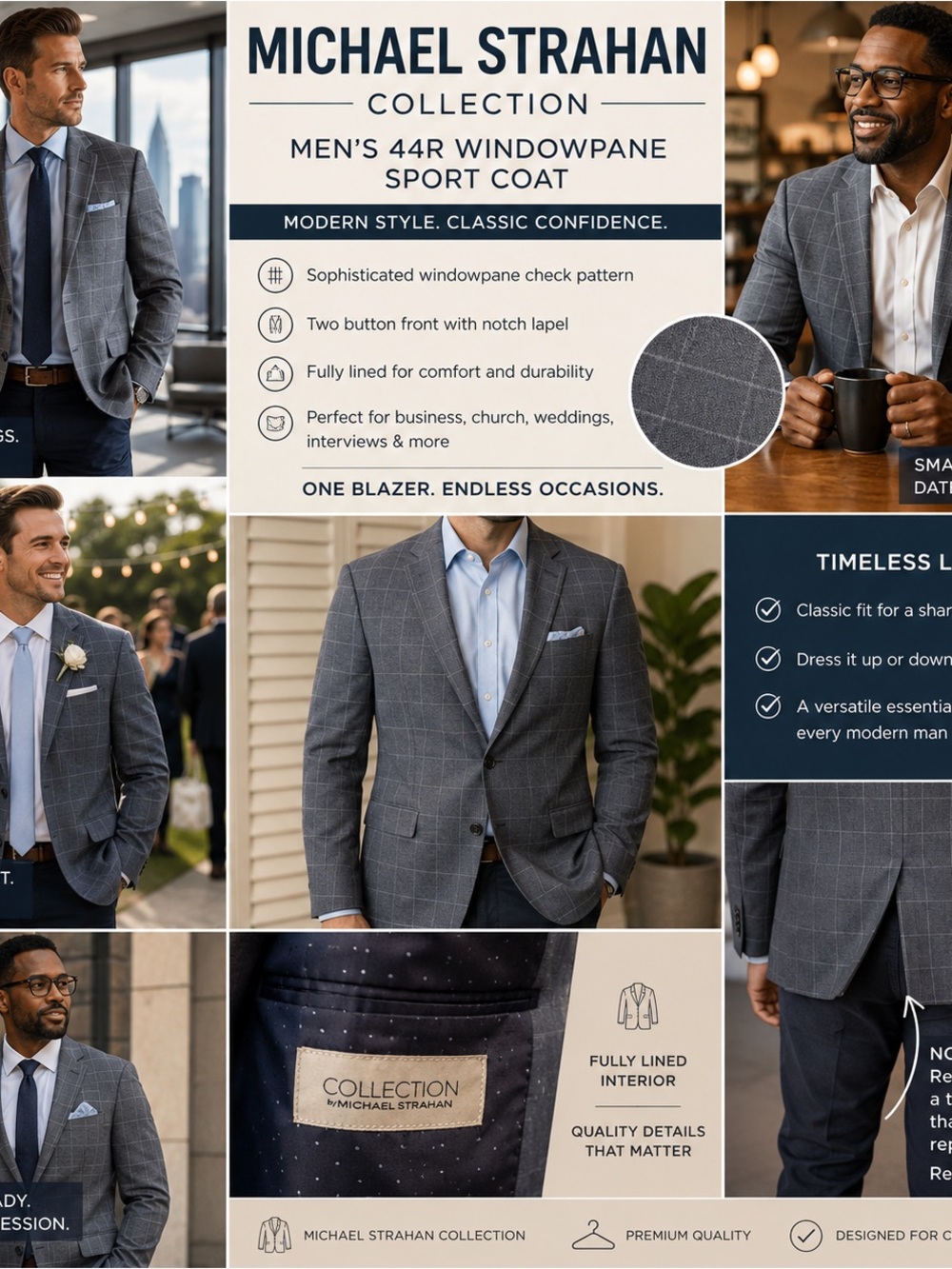 Michael Strahan Collection Blazer 44R Gray Windowpane Check Sport Coat Jacket